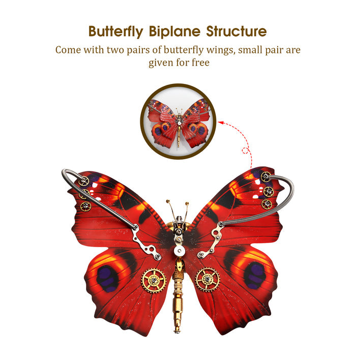 Steampunk 3D Orange-red Peacock Butterfly Model Assembly Kit With Flower Base
