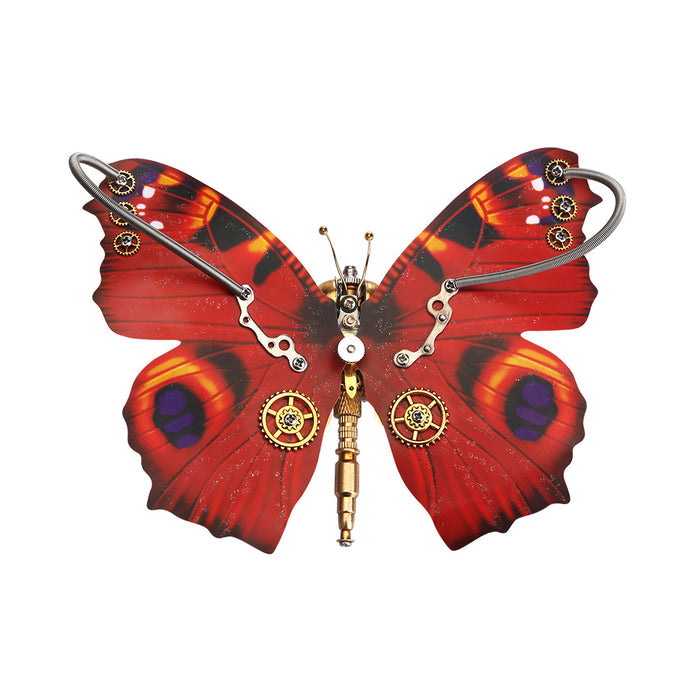 Steampunk 3D Orange-red Peacock Butterfly Model Assembly Kit With Flower Base