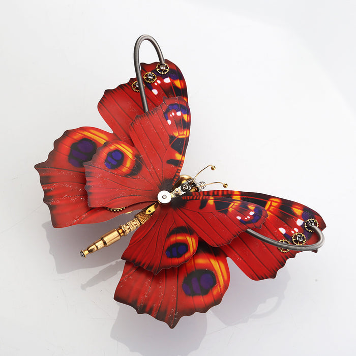 Steampunk 3D Orange-red Peacock Butterfly Model Assembly Kit With Flower Base