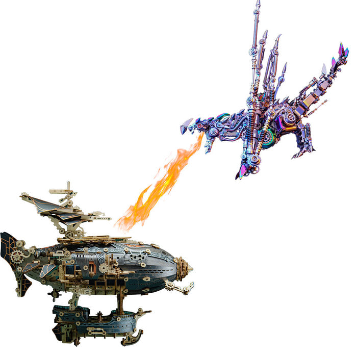 Steampunk Airship Blimp with Dragon Model Building Toys Sci-fi Spaceship Dragon DIY Kits for Adult