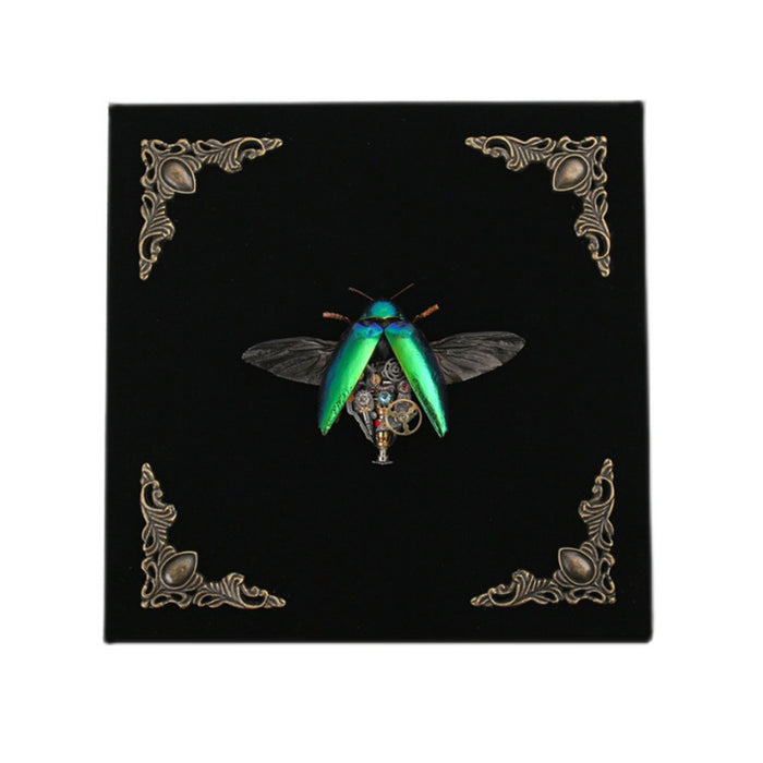 Steampunk Shiny Green Jewel Beetle Bug Insect Gothic Model with Frame