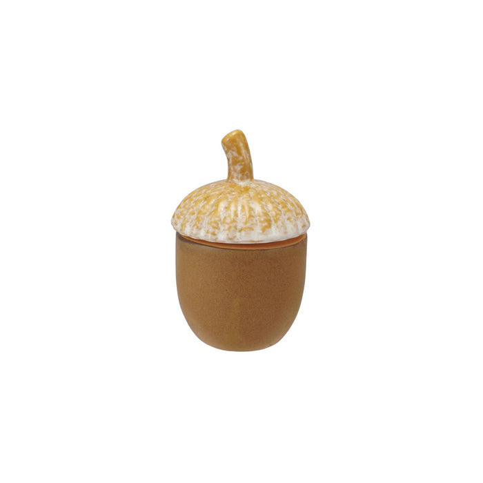 A small acorn-shaped ceramic container with a textured, speckled mustard-yellow and white lid and a smooth, matte brown body, shown on a plain white background.