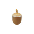A small acorn-shaped ceramic container with a textured, speckled mustard-yellow and white lid and a smooth, matte brown body, shown on a plain white background.