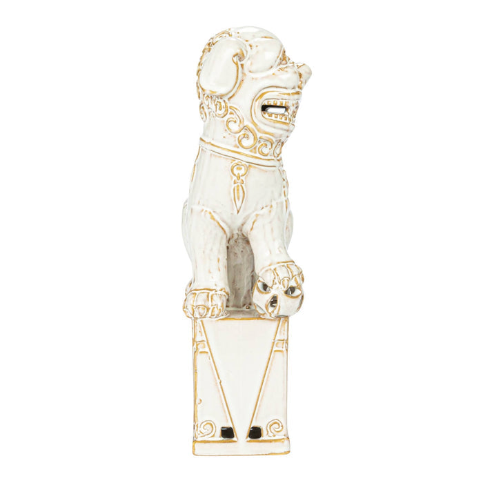 Ceramic guardian lion statue with white glaze, left side, on a white background.