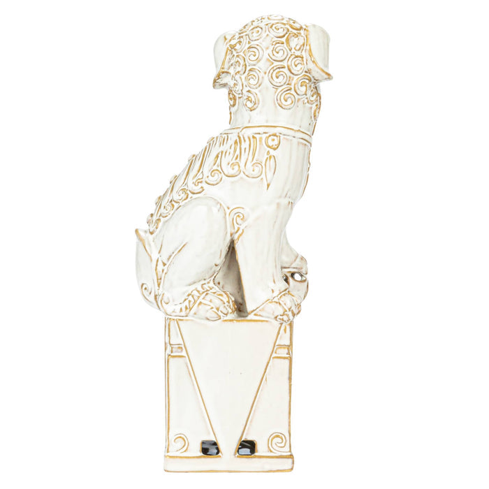 Ceramic guardian lion statue with white glaze, back view, on a white background.