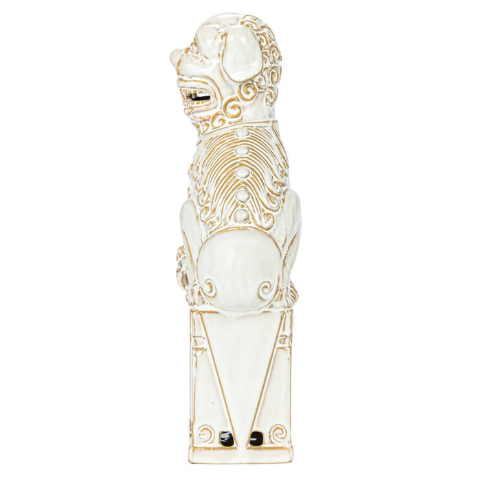 Ceramic guardian lion statue with white glaze, right side, on a white background.