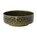 A large round ceramic bowl with a textured glaze in olive green and dark brown tones, side view, on a white background.