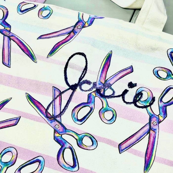 Striped Scissors Canvas Tote Bag with Option to make it Chainstitched