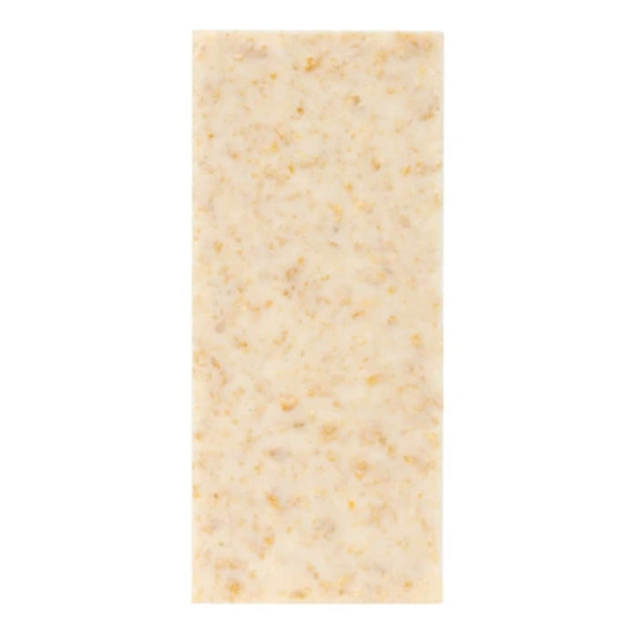 A rectangular cream-colored white chocolate candy bar on a plain white background.