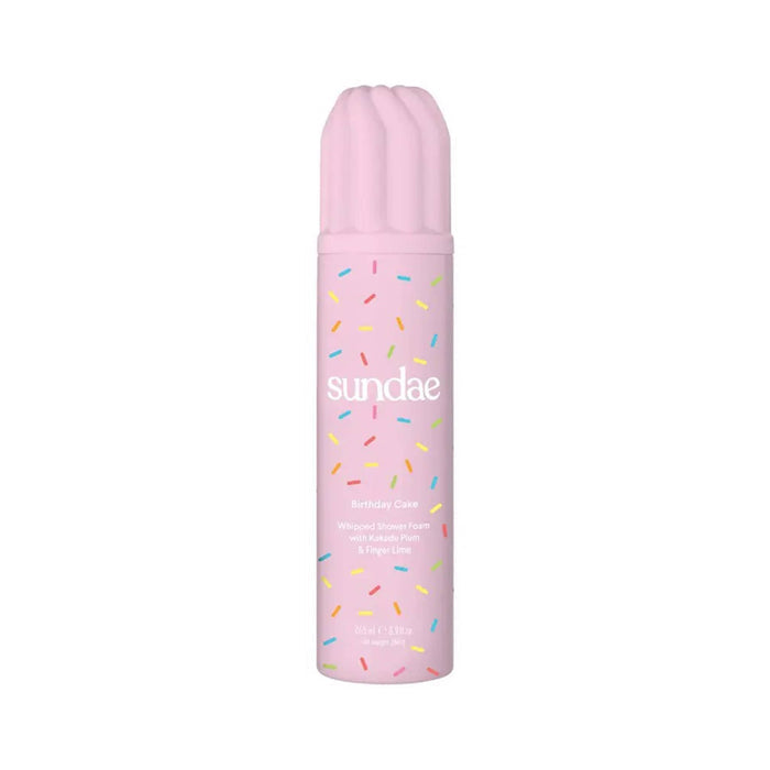 Birthday Cake Whipped Shower Foam body wash in pink canister, front view, on a white background.