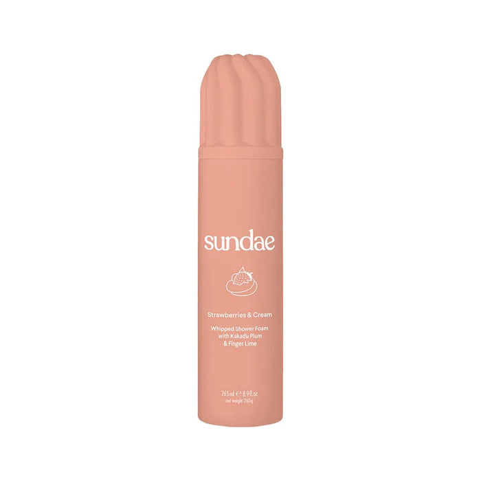 Sundae Strawberries and Cream scented whipped shower foam in pink bottle, front view, on a white background.