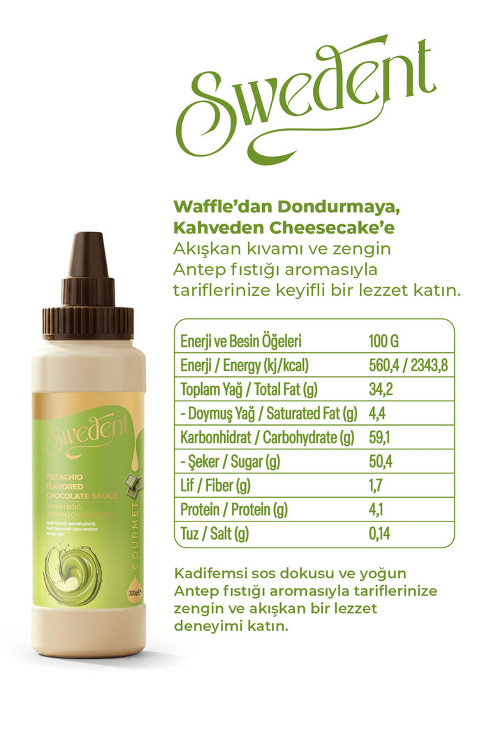 Swedent Gurme Serisi Antep Pistachio Flavored Chocolate Sauce brings the rich, distinctive taste of Antep pistachio to your favorite desserts.