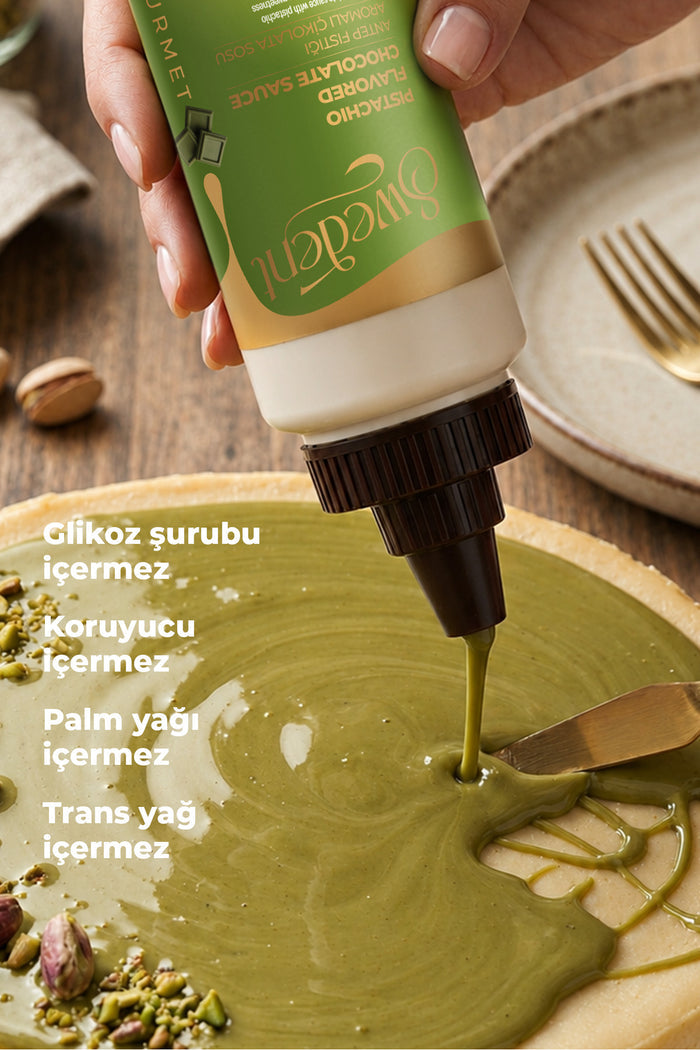 Swedent Gurme Serisi Antep Pistachio Flavored Chocolate Sauce brings the rich, distinctive taste of Antep pistachio to your favorite desserts.