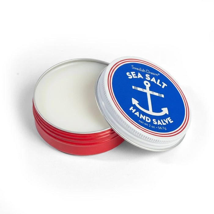 Sea Salt Hand Salve container with blue label and red accents on a white background.