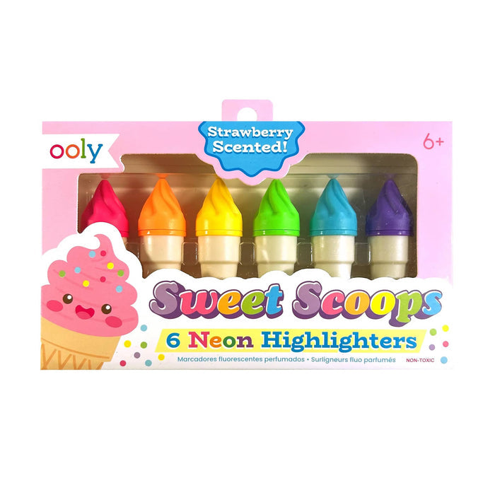 Front of packaging of Ooly Sweet Scoops neon highlighters with colorful ice cream cone design.