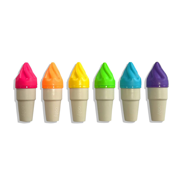 Six ice cream cone-shaped highlighters in different colors (pink, orange, yellow, green, blue, purple), caps on, arranged in a row on a white background.