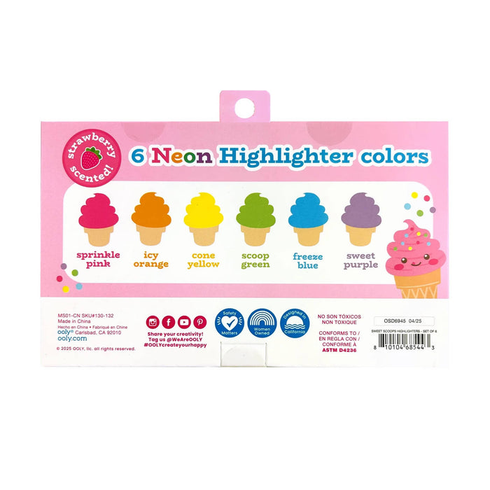 Back of a retail package of six neon highlighter colors with illustrated ice cream cone colors and text reading '6 Neon Highlighter colors' and 'strawberry scented.'.