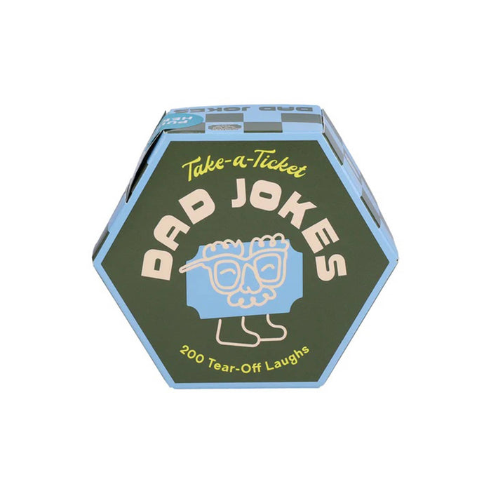 Front view of a hexagonal box of 'Dad Jokes' with a cartoon dad character on a white background.