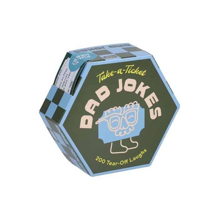 Front angle view of a hexagonal box of 'Dad Jokes' with a cartoon dad character on a white background.