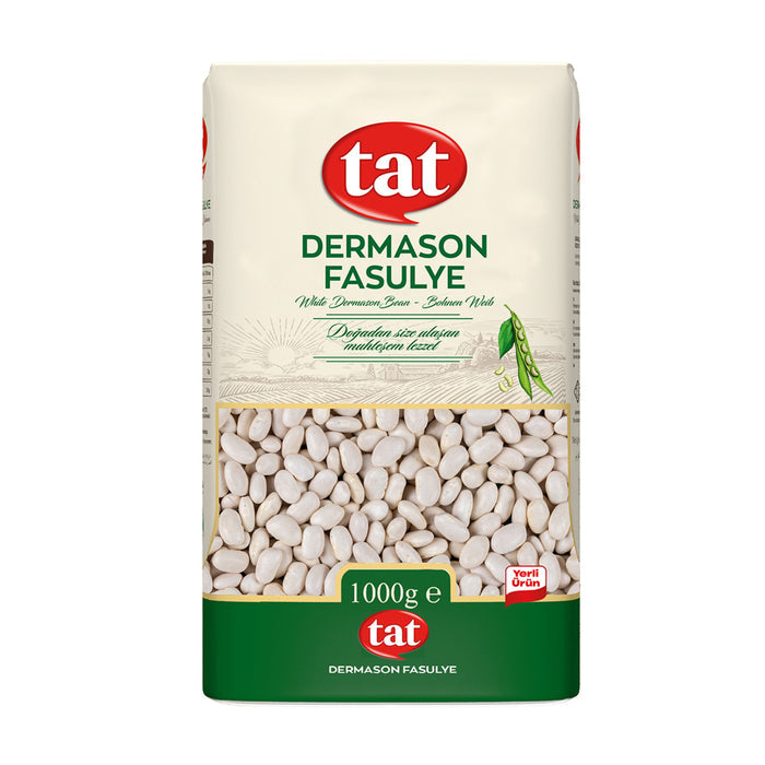 Tat Dermason Bean 35.2 oz (1 kg) is a high-quality white bean variety grown in Türkiye, known for its smooth texture and quick cooking time.
