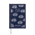 Navy blue notebook with white text and illustrations on a white background.