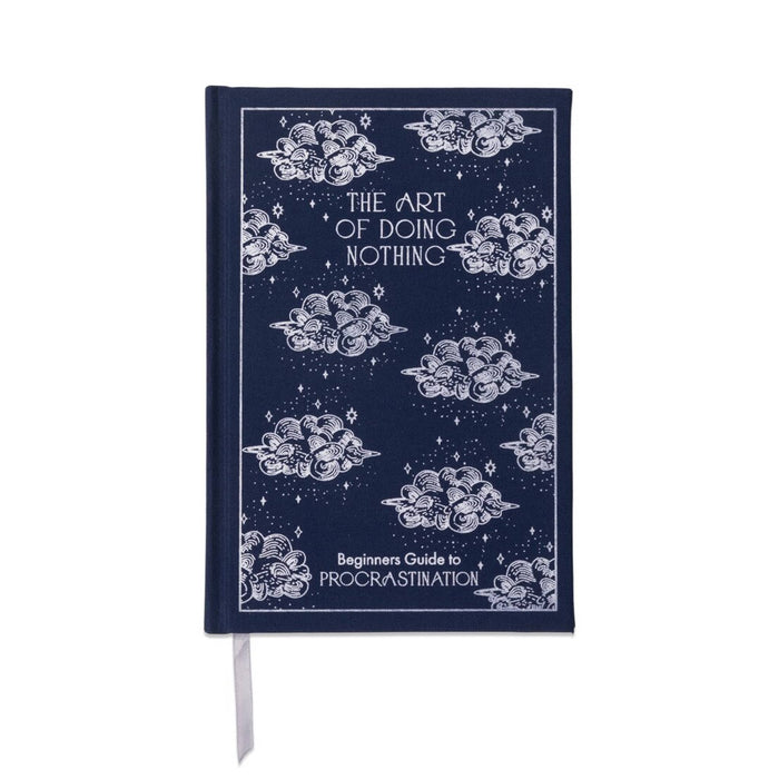 Navy blue notebook with white text and illustrations on a white background.