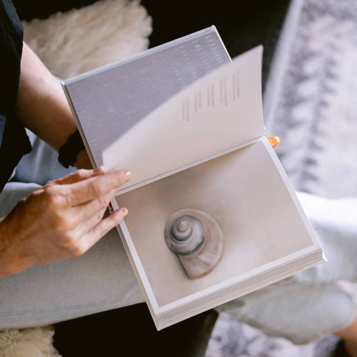 A person holding an open art book, showing a drawing of a spiral shell on the inside page. The scene is photographed from above in a cozy indoor setting with soft lighting.