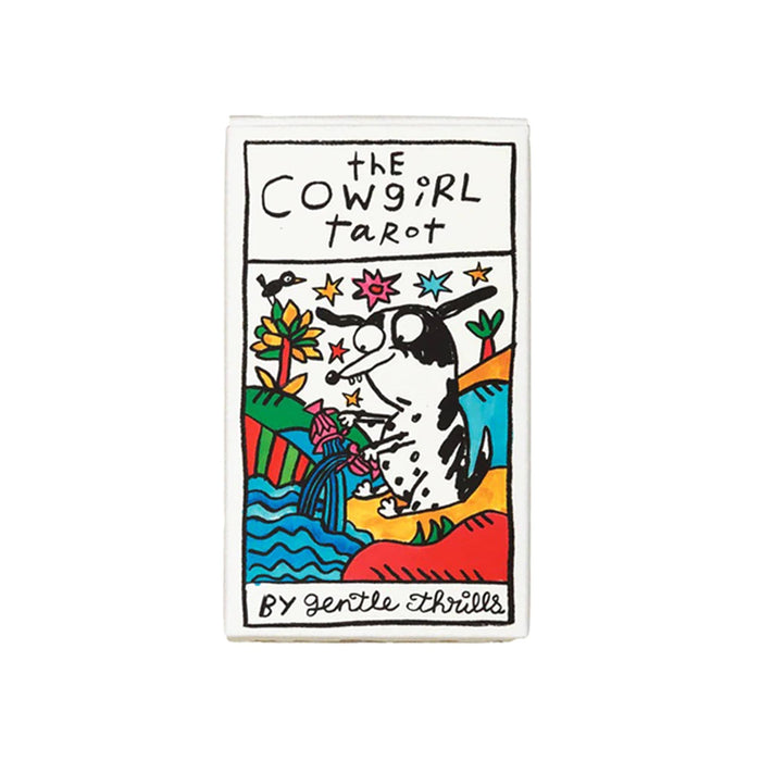 The Cowgirl Tarot card packaging with colorful design and text on a white background.