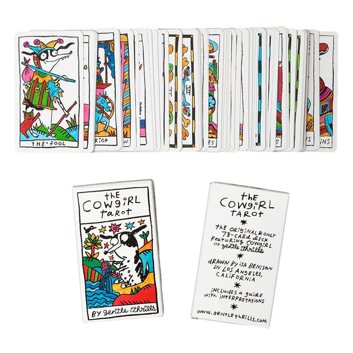 Collection of colorful tarot cards with 'The Cowgirl Tarot' packaging, front and back of box shown, on a white background.