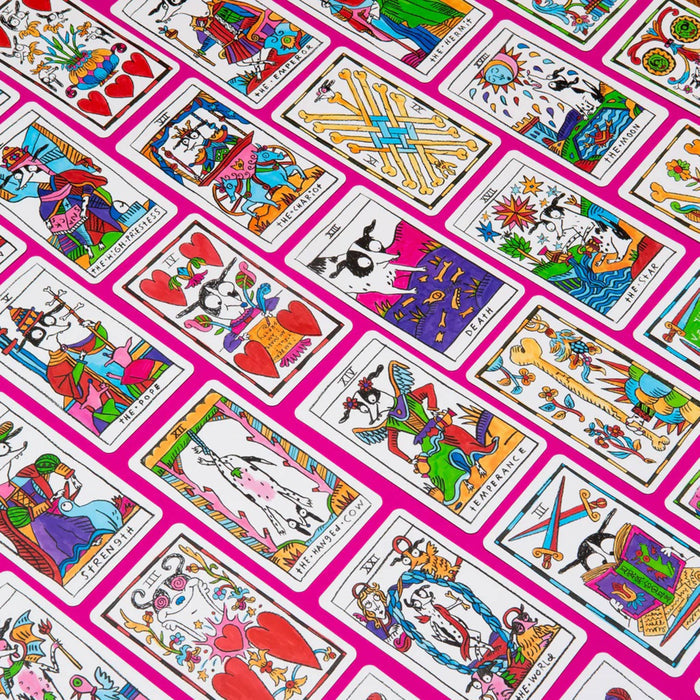 Colorful tarot cards in rows on a pink background.