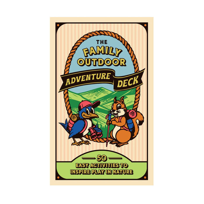 Card game box titled 'The Family Outdoor Adventure Deck' with cartoon animals, front view, on a white background.