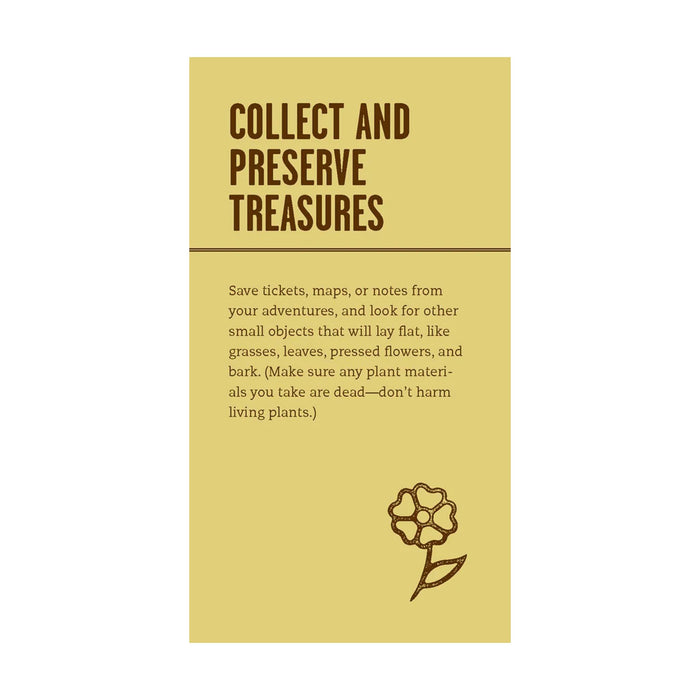 Yellow sample card "collect and preserve treasures" with text and a flower illustration on a white background.
