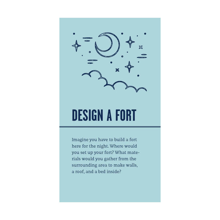 Light blue card with star, moon, and cloud illustrations and text about designing a fort.