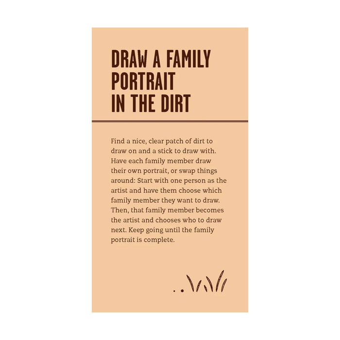Instructions for drawing a family portrait in the dirt on a beige card.