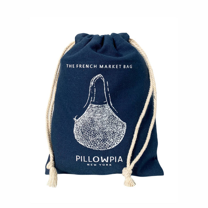 Pillowpia The French Market Bag in Navy, in drawstring dust bag.