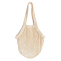 A natural cream cotton net shopping tote bag with long shoulder straps, shown against a plain white background.