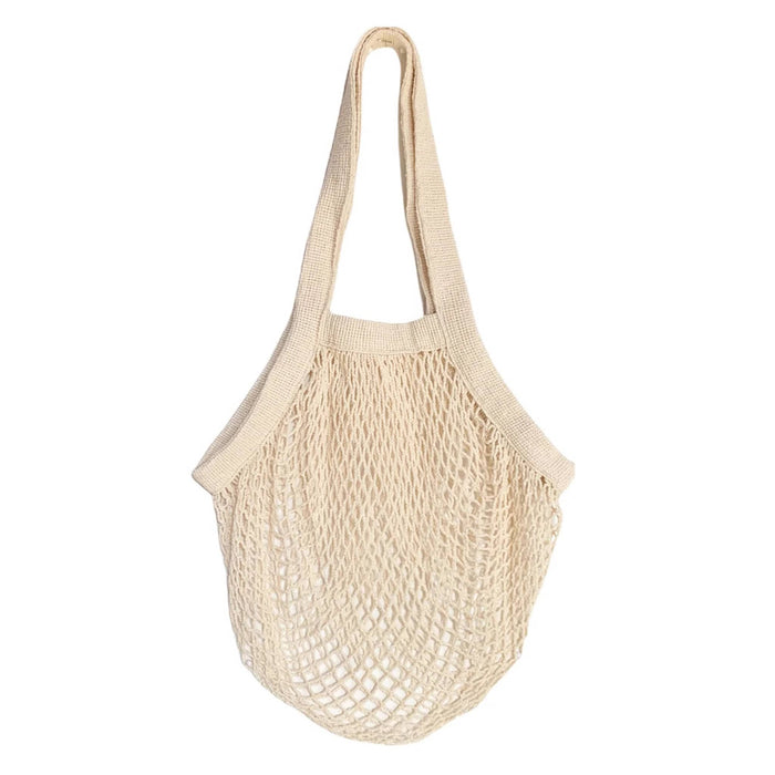A natural cream cotton net shopping tote bag with long shoulder straps, shown against a plain white background.