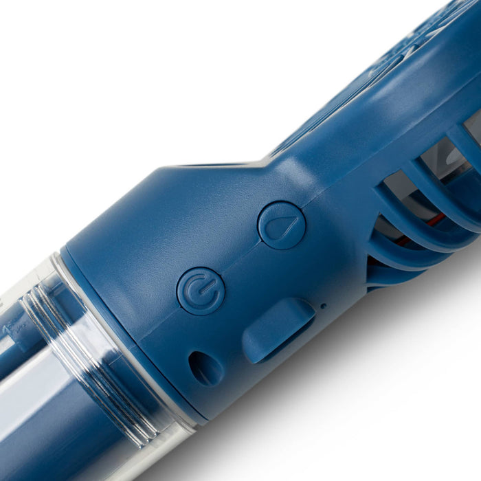 Mini rechargeable fan with misting function in navy, closeup of power and misting buttons, on a white background.