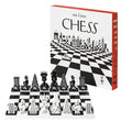A New Yorker Chess set with black and white checkered pieces and a matching black-and-white chessboard, shown in front of its white and red product box on a light gray background.