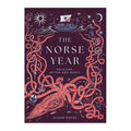 Book cover of 'The Norse Year' by Alison Davies, featuring a dark purple background with intricate red, pink, and white Norse-themed illustrations including a ship, knotwork, stars, and a giant squid.