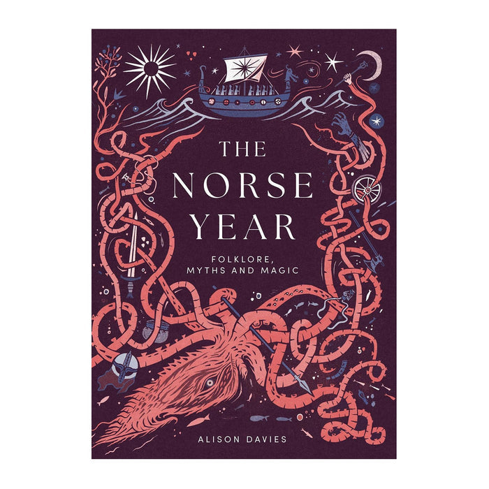 Book cover of 'The Norse Year' by Alison Davies, featuring a dark purple background with intricate red, pink, and white Norse-themed illustrations including a ship, knotwork, stars, and a giant squid.