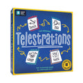 Front of box packaging for 'Telestrations' game with blue background and colorful text and icons, on a white background.