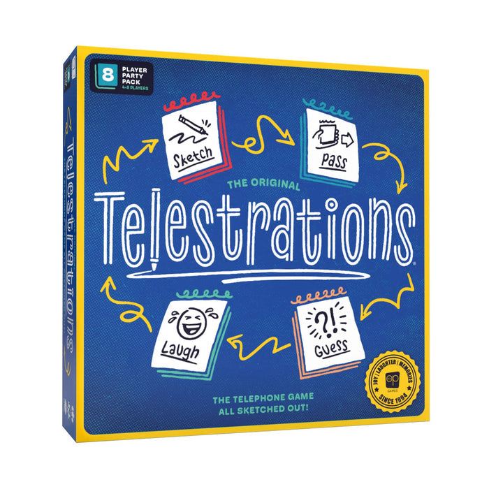 Front of box packaging for 'Telestrations' game with blue background and colorful text and icons, on a white background.