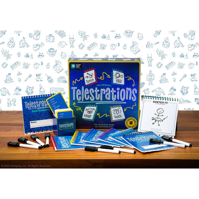 Telestrations game set with packaging and accessories on a wooden surface.
