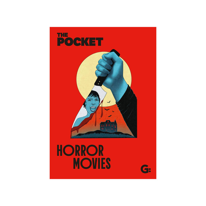A graphic cover for 'The Pocket: Horror Movies' book featuring a bold red background, a blue hand holding a knife, and a stylized illustration of a woman and a haunted house.