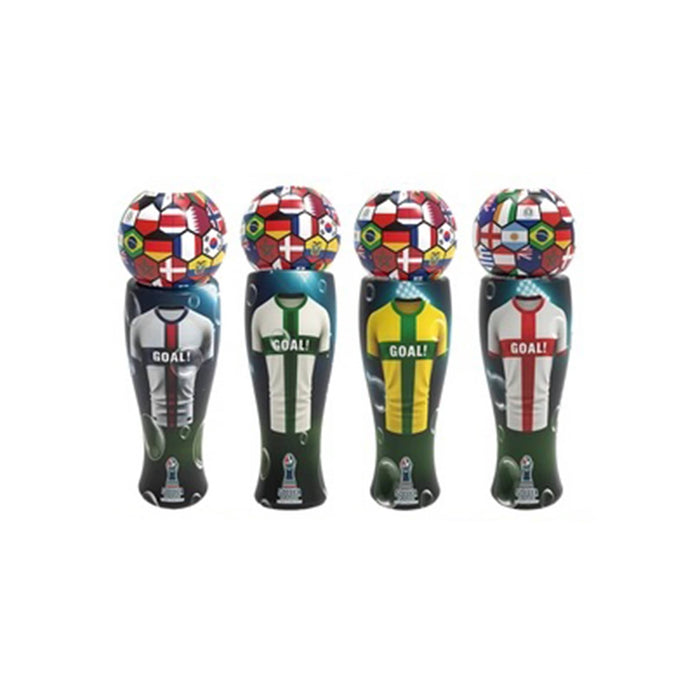 Four soccer-themed bubble solution bottles with different designs on a white background.