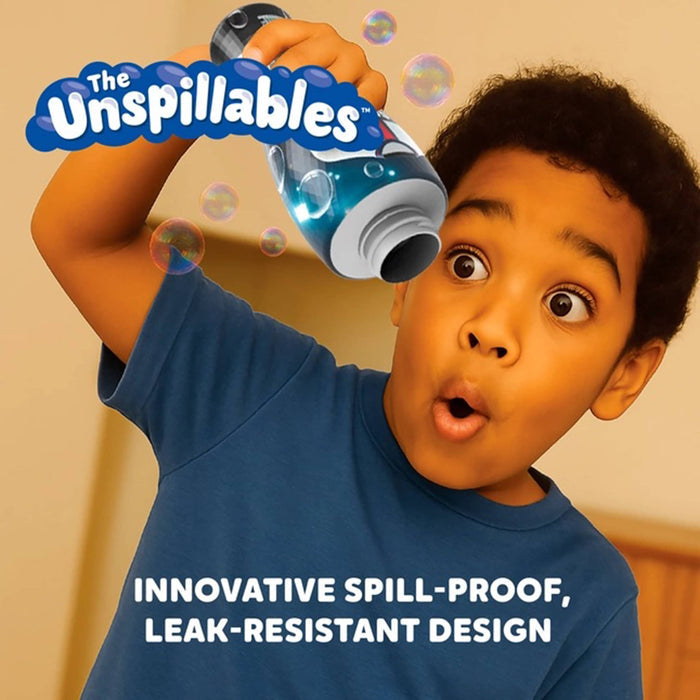 Child holding a bottle labeled 'The Unspillables' with bubbles around, on a beige background.