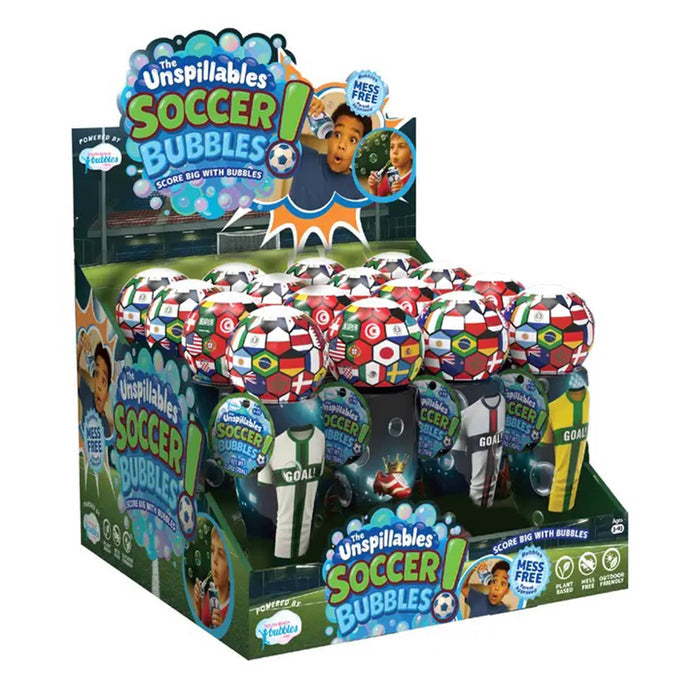 Display box of 'The Unspillables Soccer Bubbles' with soccer-themed packaging.