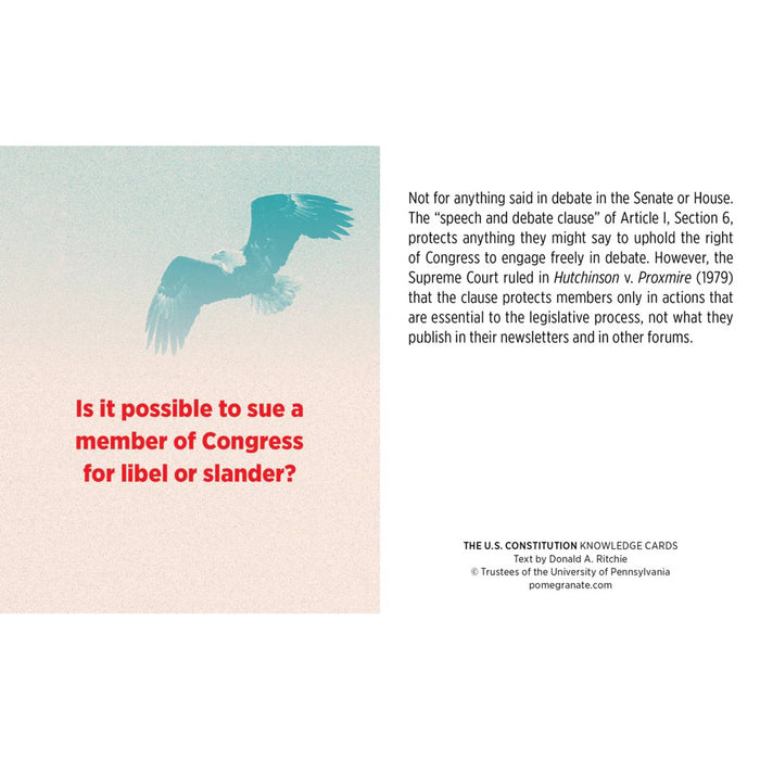 Knowledge card about suing a member of Congress for libel or slander with a bird illustration on a gradient background.