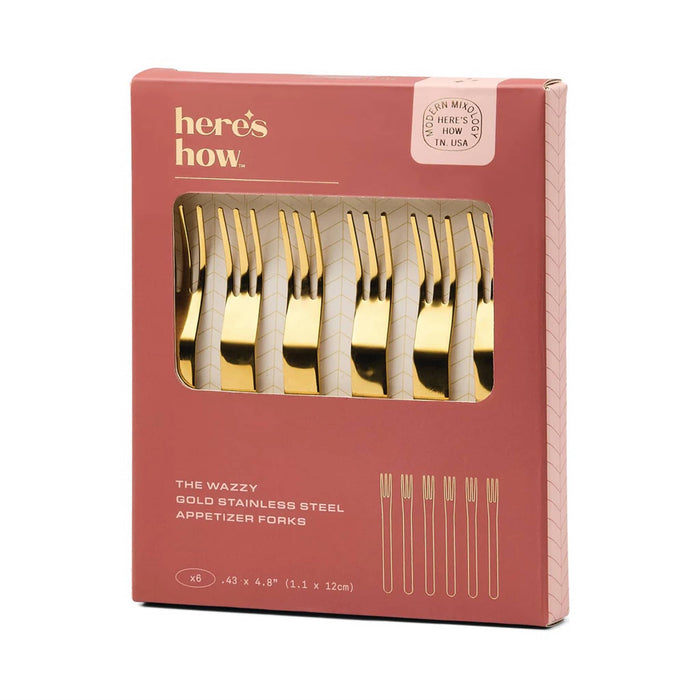 Packaging of gold stainless steel appetizer forks with 'here's how' branding.